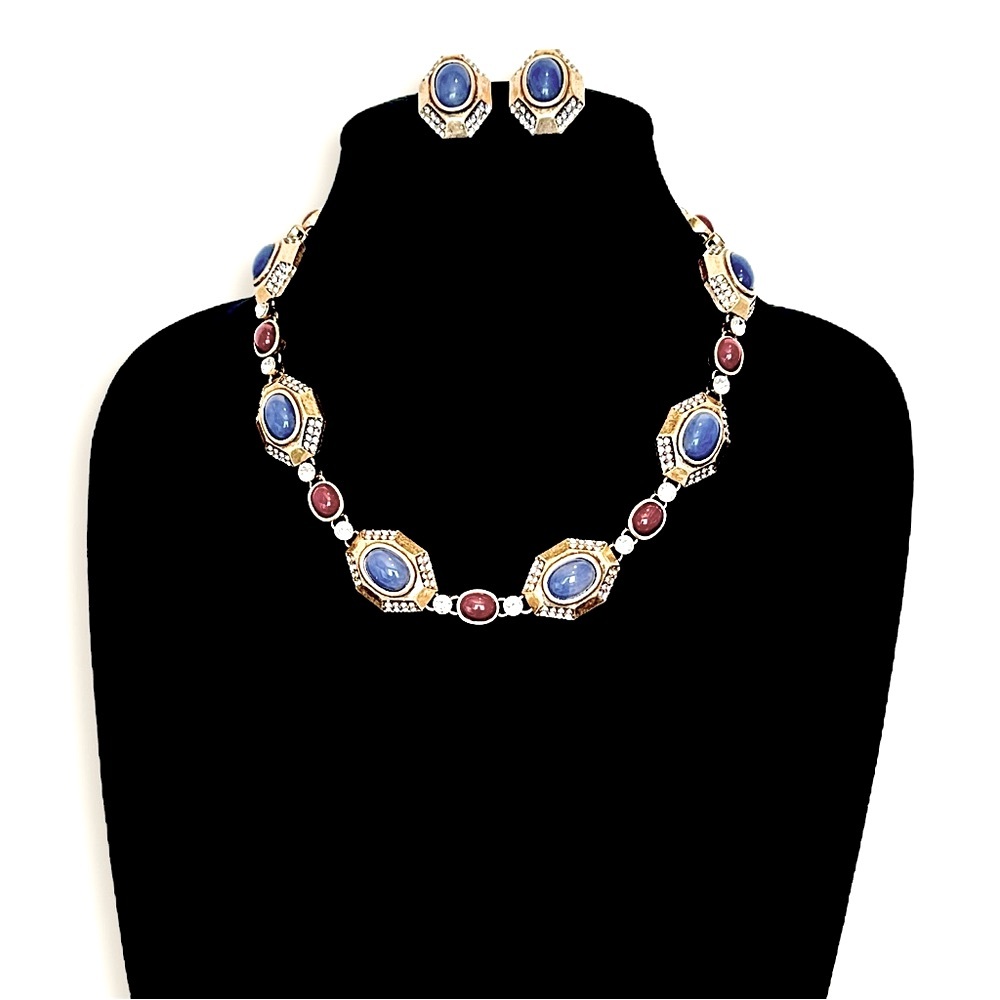 NEIMAN MARCUS | Vintage-Inspired Red & Blue Cabochon Necklace/Earring Set | NWOT - Picture 3 of 10